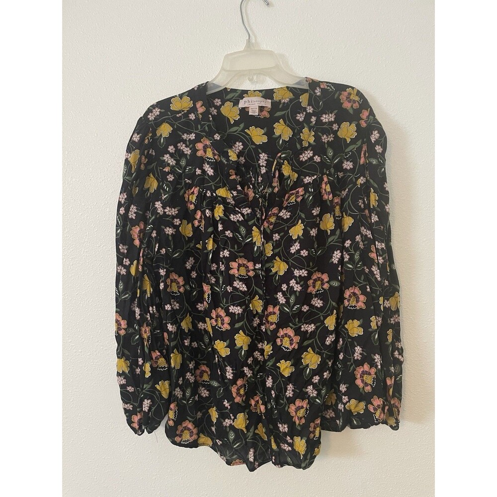 Philosophy Long Sleeve Top Blouse 3X Black Floral Print Womens Plus Size 3X